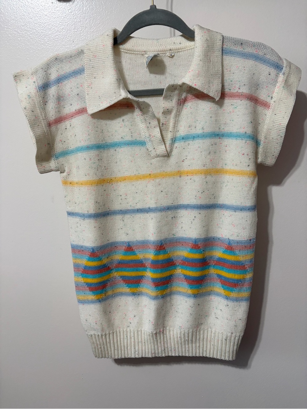 Cream Striped V-Neck Knit Polo Sweater with Multicolor Accents